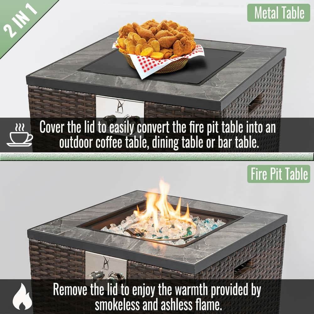 Spaco 24" Square Propane Gas Fire Pit Table, 50000 BTU Fire Pit with Tile Tabletop and Beautiful Wicker Base for Patio, Backyard, Brown