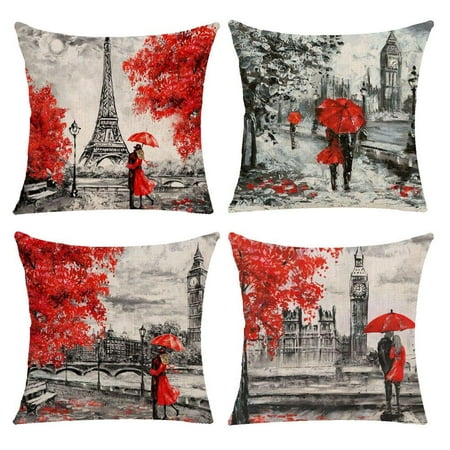 Cushion For Sofa Set Wendana Throw Pillow Covers 18x18 Inches Black & Red Color Eiffel Tower & Big Ben Lovers Cushion Cover Burlap for Sofa, Living Room, Bedroom, Indoor or Outdoor Pillowcase, Set of 4 ()