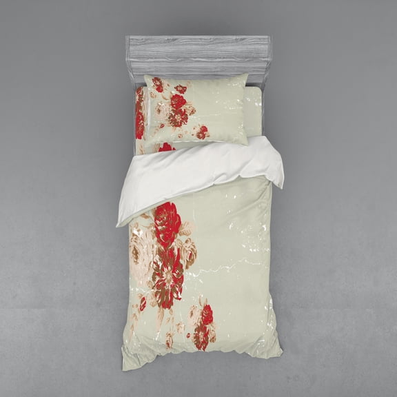 Ambesonne Vintage Bedding Set 3 Pcs, Rose Antique Flowers, Twin, Beige Cream Red