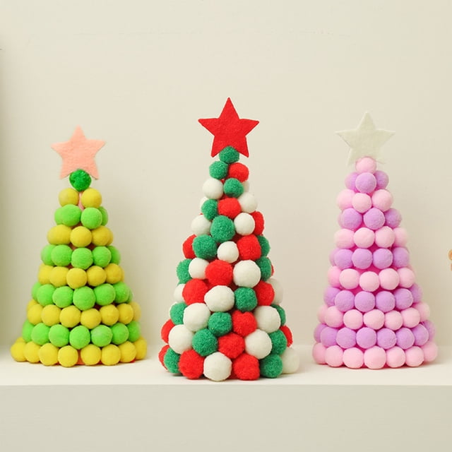 Decoración de árbol de Navidad con pompones hechos a mano - Mini adorno de escritorio rojo y verde, decoración de mesa de 9", regalo festivo navideño