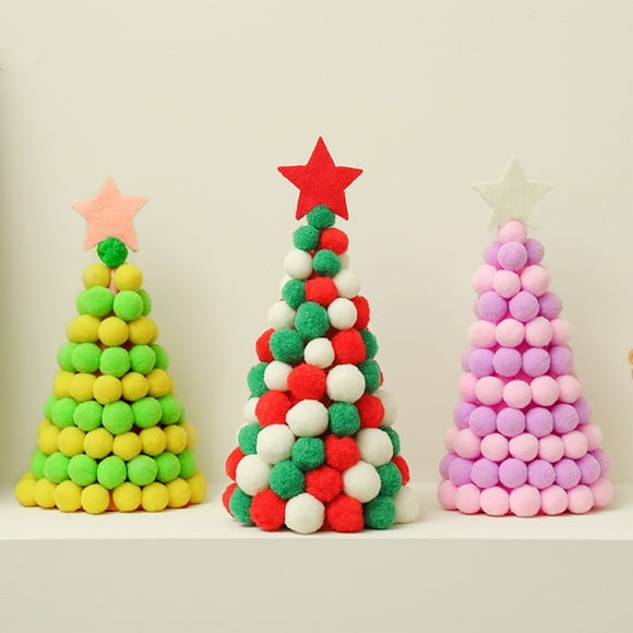 Decoración de árbol de Navidad hecha a mano con pompones - Mini decoración navideña de sobremesa para casa u oficina, idea de regalo festivo
