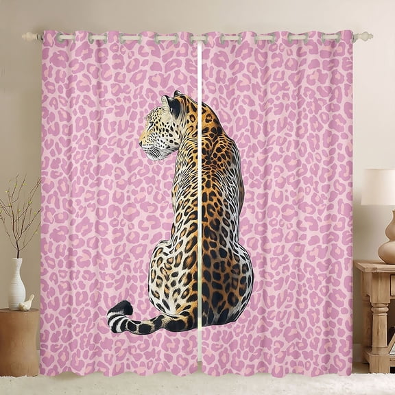 Castle Fairy Animal Cheetah Black Out Curtains for Boys Girls,Woodland Wildlife Cheetah Curtains Pack of 2 (42x63 Each),Brown Pink Bedroom Curtains,Breathable Home Decor