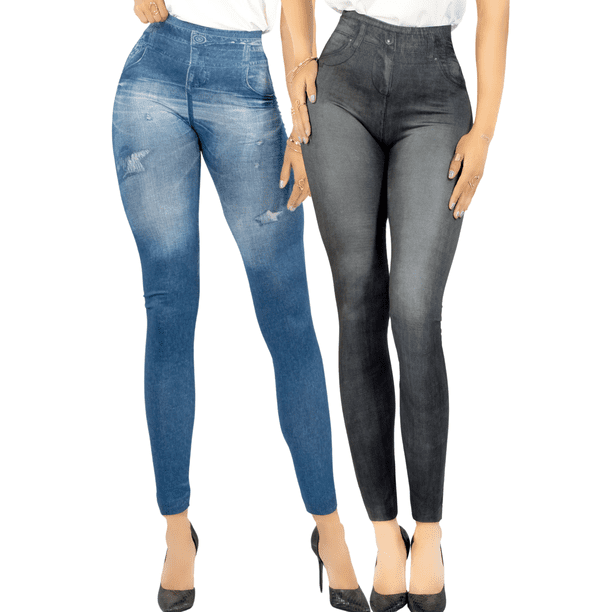 SET DE 2 LEGGING GRUESO DE MUJER AZUL Y NEGRO DISEÑO MEZCLILLA UNITALLA