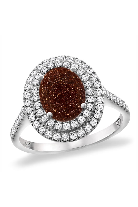 14K White Gold Natural Gold Goldstone Two Halo Diamond Engagement Ring 9x7 mm Oval, size 6