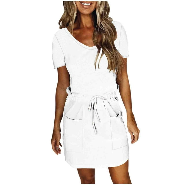 Robes pour Femmes, Mode Féminine Couleur Unie Manches Courtes Col en V Robe Mi-Mollet