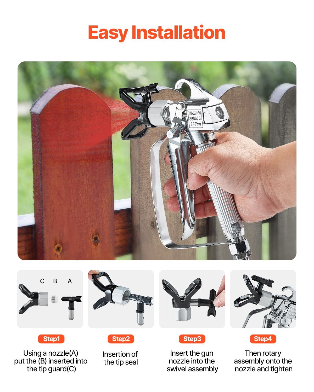 Airless Paint Sprayer Gun, 3600 PSI High-Pressure with Stainless Steel Nozzle, Compatible with 211/315/417/517/623 Nozzles, Professional Paint Gun for Home and Construction