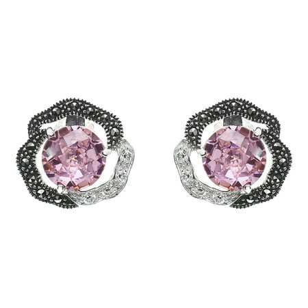 MARC Sterling Silver Pink & White CZ with Swarovski Marcasite accent Flower Earrings