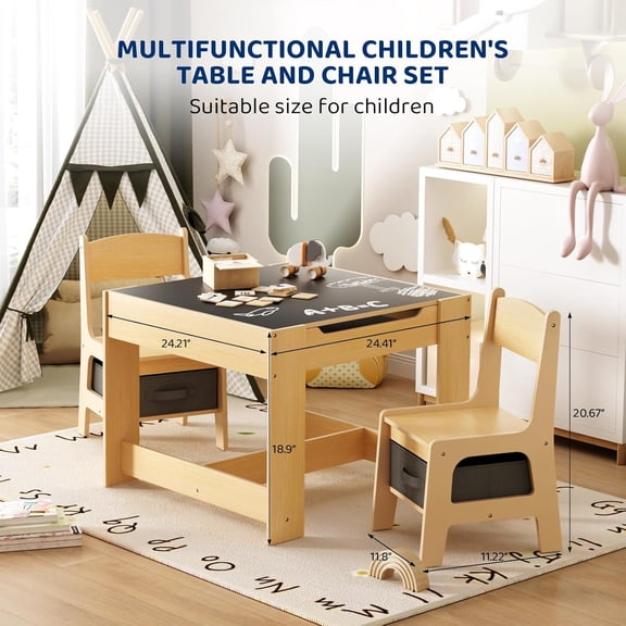 Montessori Toddler Table and Chair Set, 4-in-1 Kids Study Desk with Dual-Sided Whiteboard & Blackboard, Toy Table, Dining Table, Ergonomic Chairs, Storage, Child-Safe Design
