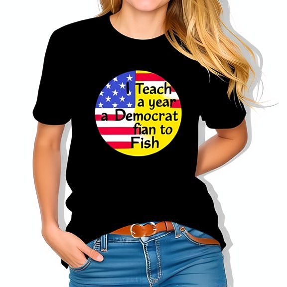 Cotton Short Sleeve T-Shirt with Colorful Graphic & Humorous " Teach a Democrat to Fish " Slogan