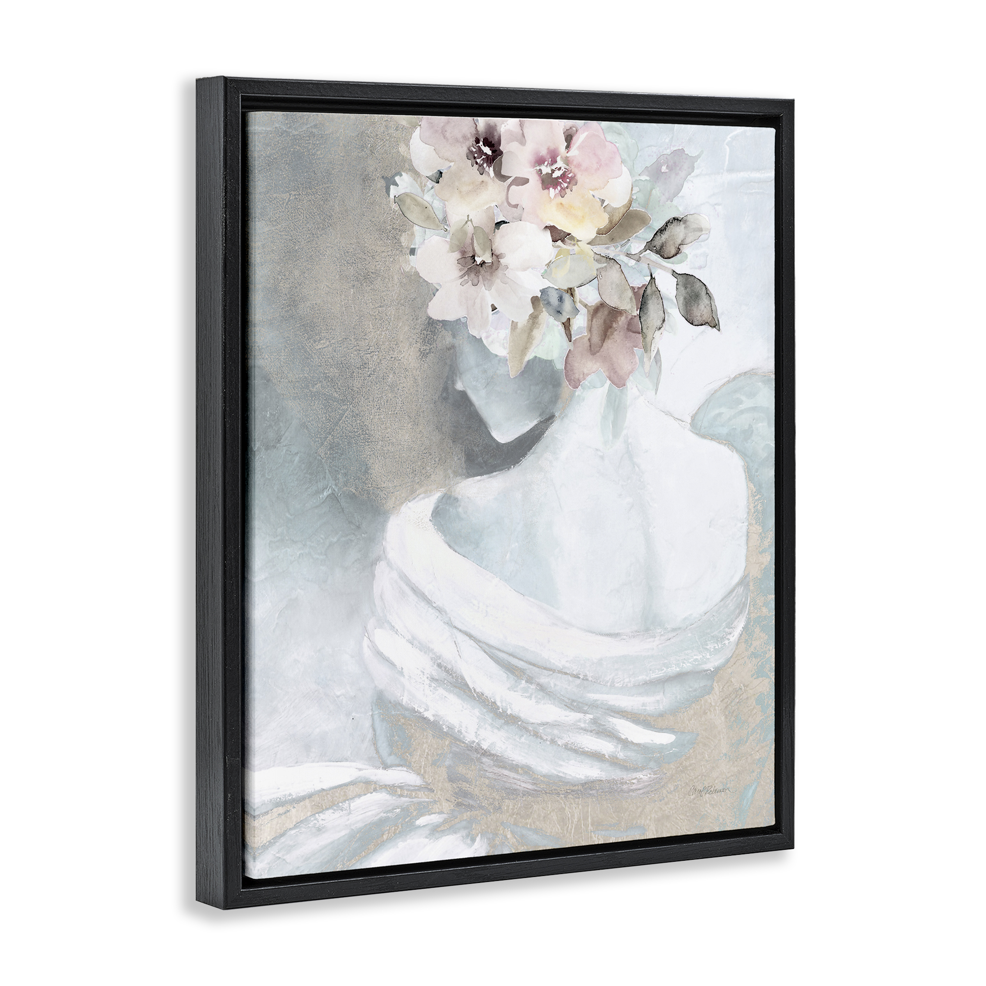 Stupell Industries Woman & Florals Visage Novelty Painting Black Floater Framed Art Print Wall Art, 17 x 21