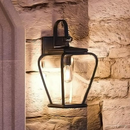 

Urban Ambiance Luxury French Country Outdoor Wall Light Medium Size: 15.5 H x 6.5 W with Mediterranean Style Elements Soft and Simple Design High-End Black Silk Finish and Seeded Glass UQL1200