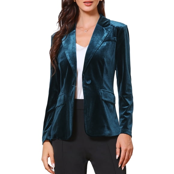 INSPIRE CHIC Velvet Blazer for Women's Notched Lapel Long Sleeve One Button Dressy Office Blazers XL Blue