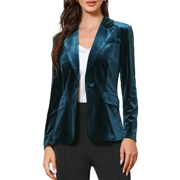 Blazer de terciopelo INSPIRE CHIC para mujer con solapa de muesca, de manga larga y un botón, blazers de oficina elegantes, talla XS, azul