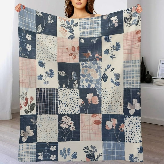 Blue, Cream, And Pink Floral Patchwork Flannel Plush Blanket 50"x60" Floral Printed Luxury Velvet Super Soft for Couch Bed Sofa Throw Blanket Unique Ideas Girls Boys