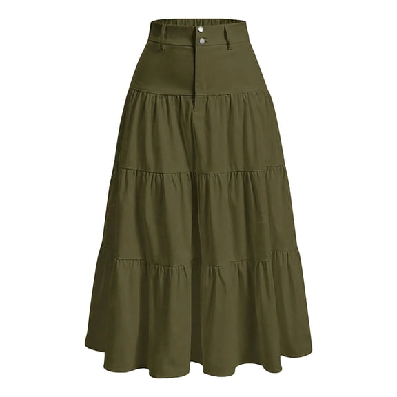 Cavosen Summer Skirts Loose Solid Pleated Elastic Waist Midi Skirt Ladies A Line Casual Breathable Summer Skirt Army Green S