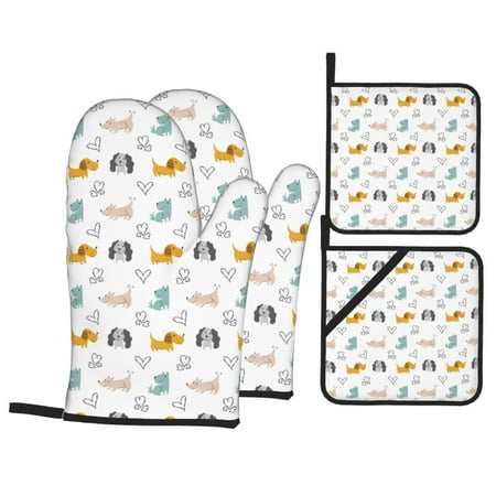 

Oven Mitts and Pot Holders Sets 4 pcs - Cute Dog heart Heat Resistant Silicone Oven Gloves with Non-Slip Silicone Surface and hot pads for kitchen Baking Cooking BBQ