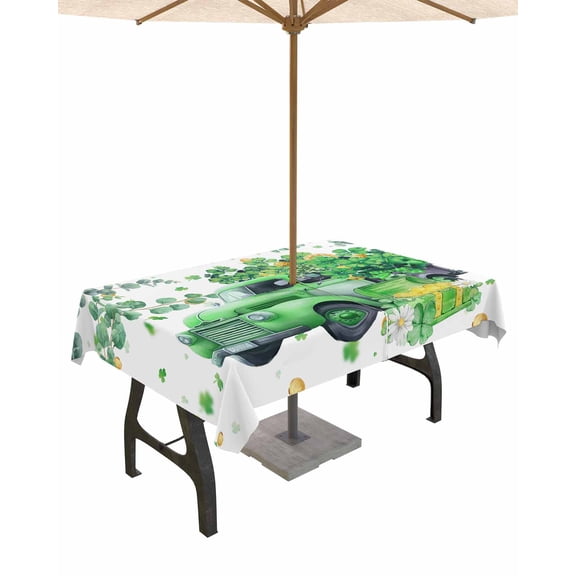 Fsddascl Green Truck St. Patrick's Day Outdoor Tablecloth - 60x84 Inch Rectangle Dining Table Cover, Lucky Eucalyptus Leaves Waterproof Outdoor Table Cloth with Umbrella Hole & Zipper for Patio