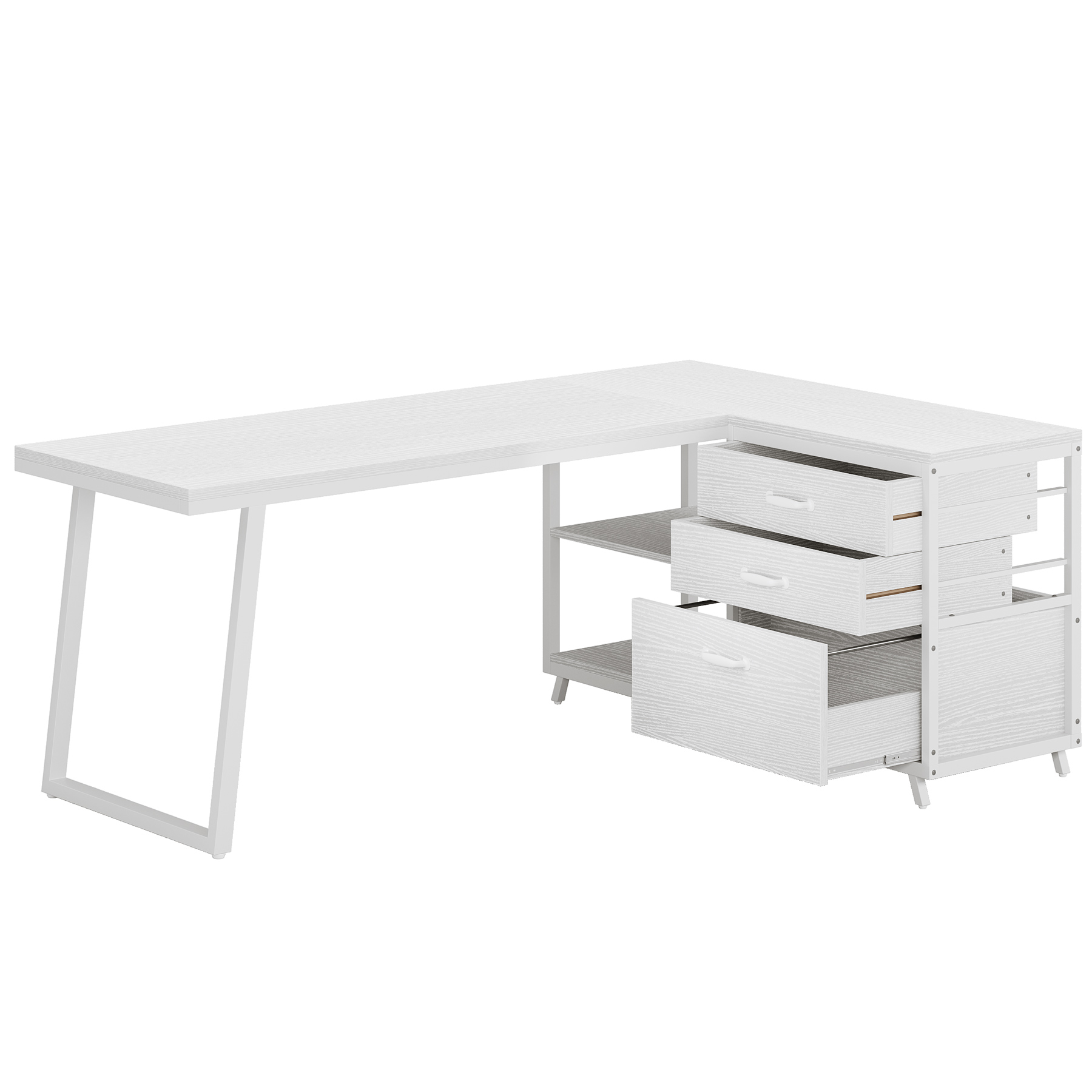 Fnova 53.15" L-shaped Computer Desk with 3 Drawers, Wood Tabletop, Metal Frame Office Desk, White