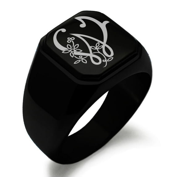 Stainless Steel Letter W Initial Floral Monogram Engraved Engraved Square Flat Top Biker Style Polished Signet Ring