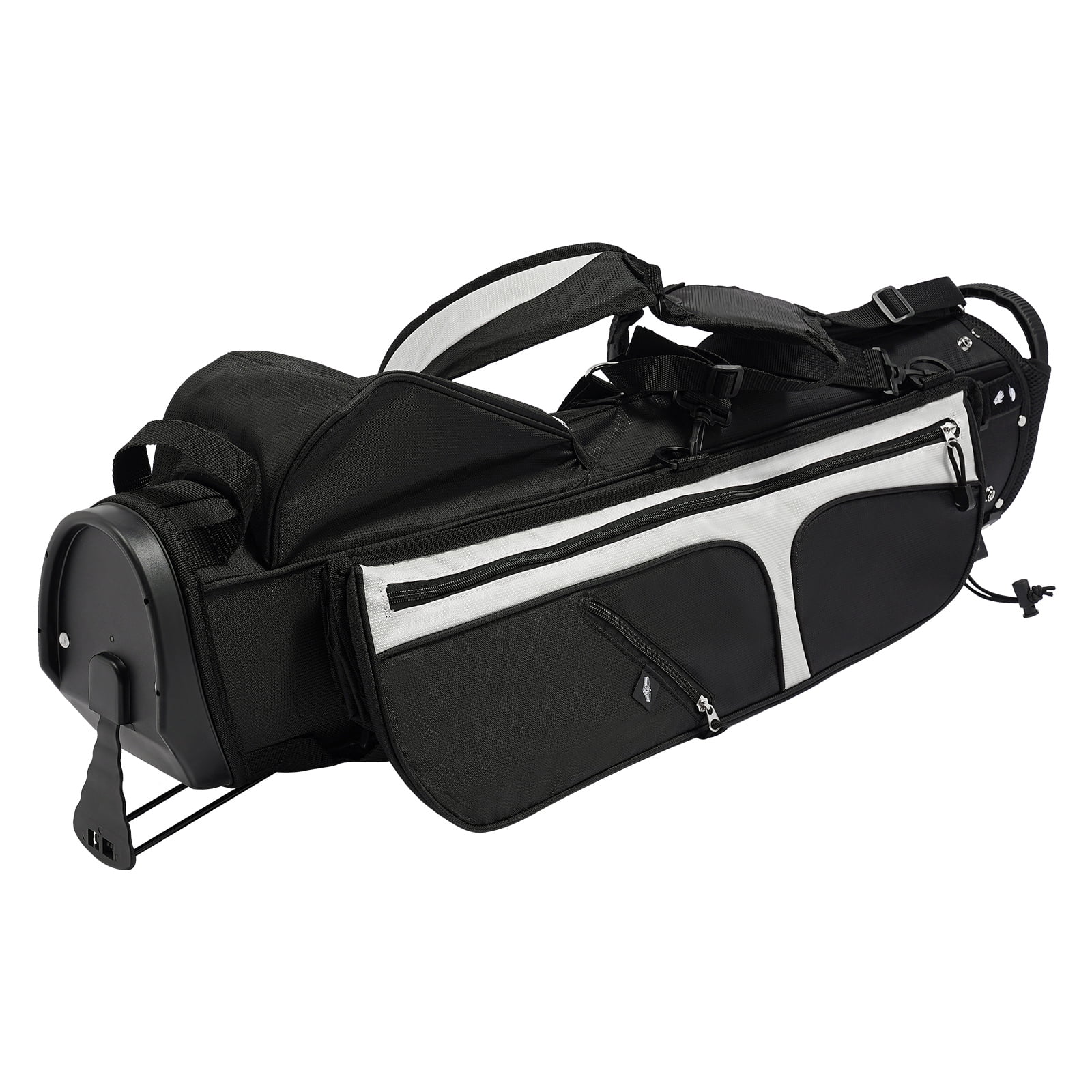 ToppiJoy Portable Golf Stand Bag Lightweight with 3 Dividers & 5 Pockets, Adjustable Shoulder Strap, Stable Stand for Driving Range, Par 3 & Executive Courses(Black+White)