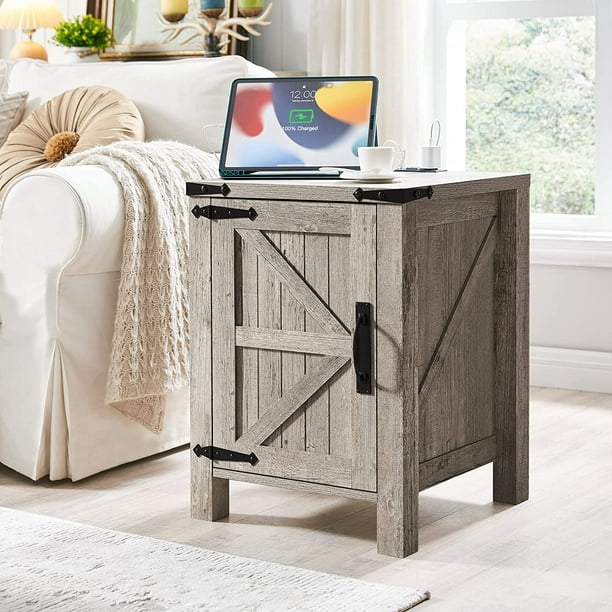 OKD Farmhouse Square End Side Tables Wood with Barn Door and Charging Station, Light Rustic Oak