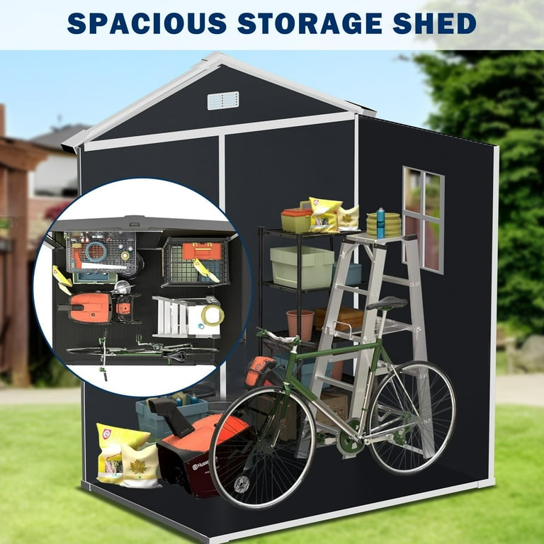 6FT Resin Shed Outdoor Storage Shed with Floor Window Large Patio Plastic Tool Shed for Garden Yard Lockable Bike Shed with Padlock as Pet Home