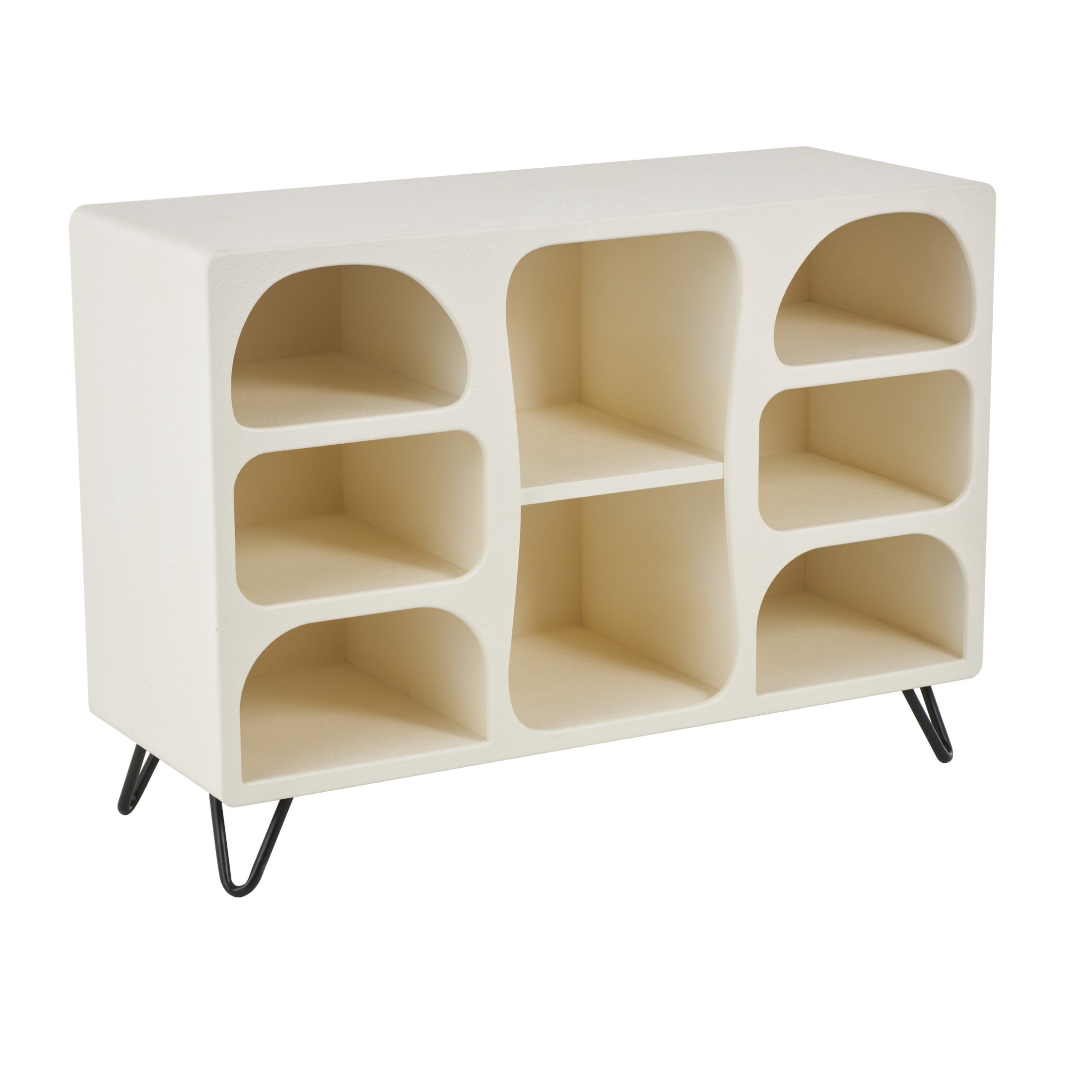 DecMode 40" x 28" Cream Wooden Geometric 8-Tier Shelving Unit with Abstract Block Shapes and Black Hairpin Legs, 1-Piece