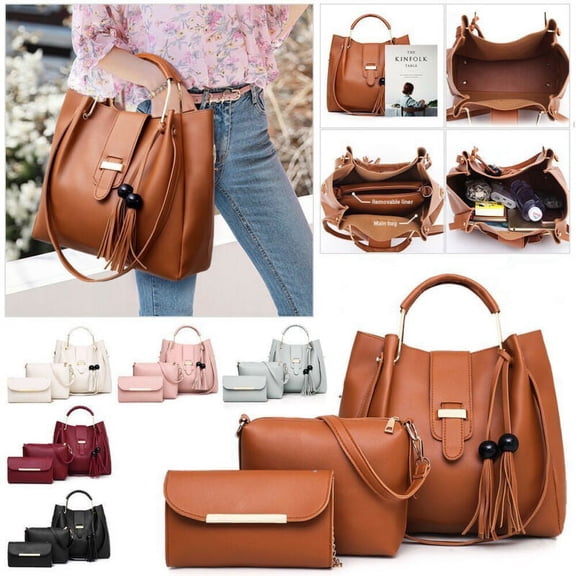 LNKOO Women's PU Leather Bags, 3 Size Multiple Pocket Shoulder Bag Handbag Purse New, Pink