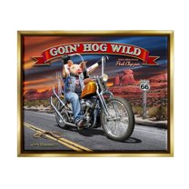 Stupell Industries Hog Wild Chopper Bike Animals & Insects Painting Gold Floater Framed Canvas Art Print Wall Art, 31 x 25