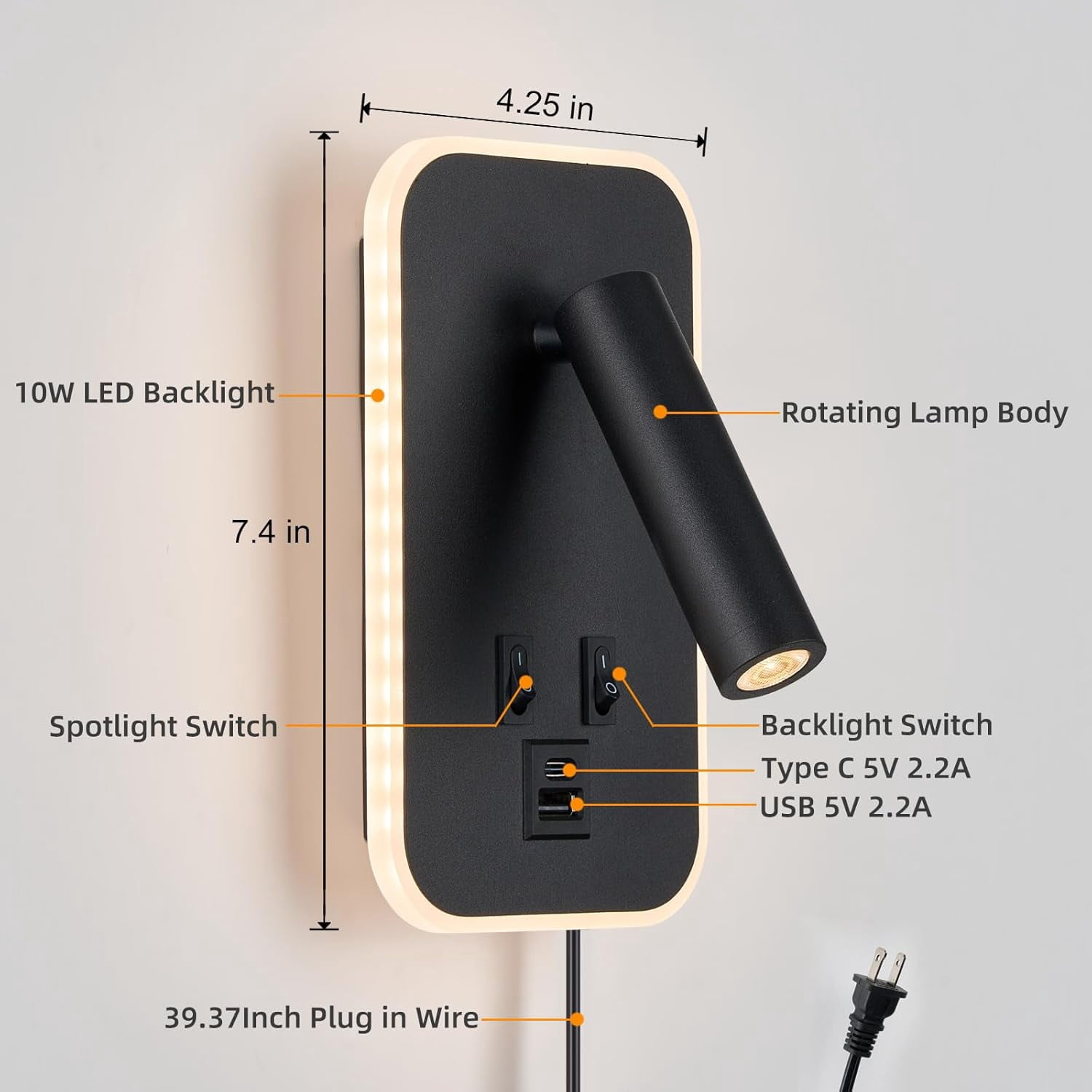 Wall Mounted Bedside Reading Light with 10W+3W Adjustable Headboard Lamp, USB-C+A Ports, Hardwired Plug-in Wall Sconce, 3000K Warm White, Black Finish