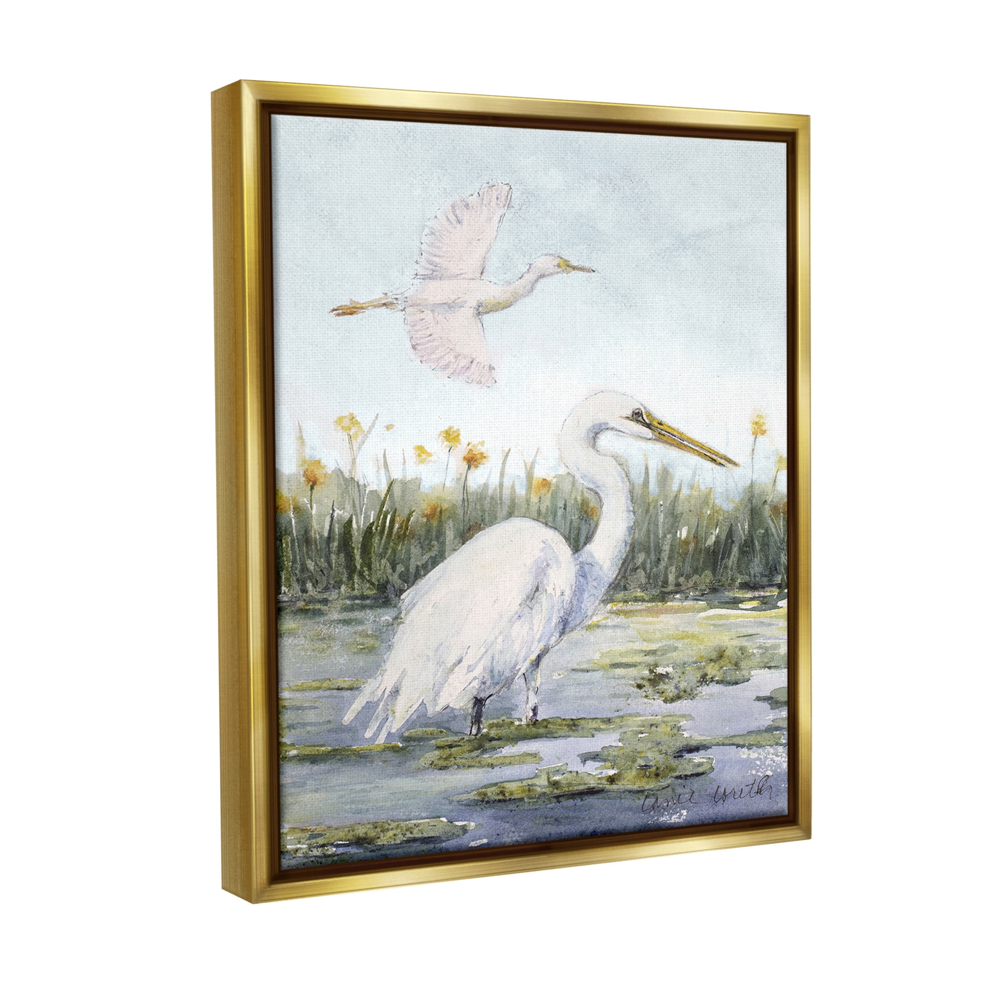 Stupell Industries Egrets in Wetland Landscape Animals & Insects Painting Gold Floater Framed Canvas Art Print Wall Art, 25 x 31