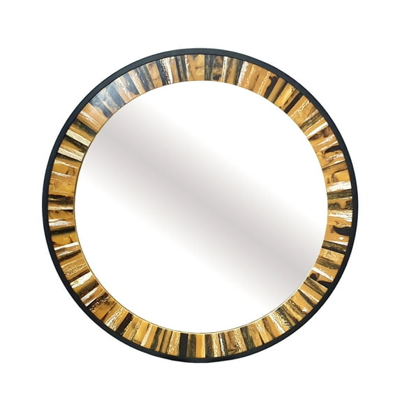 32 Inch Accent Wall Mirror, Round Metal Frame with Agate Inspired Pattern- Saltoro Sherpi