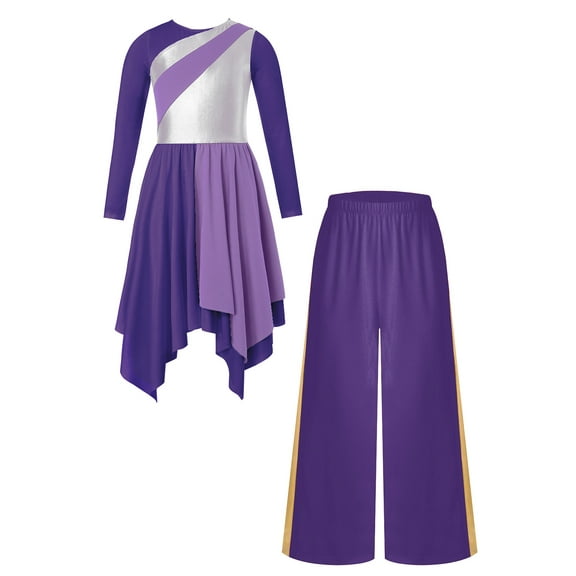Yartina Kids Girls Praise Dance Dress Metallic Long Sleeve Liturgical Worship Church Robe Tunic and Trousers Set Purple 12