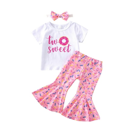

Toddler Baby Girl Sweet Summer Outfit Doughnut T-Shirt Tops High Waist Shorts/Bell Bottoms Flare Pants Headband Set