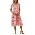 thumbnail image 3 of Gyujnb V Neck Ruffle Flutter Sleeve Heart Print Maternity Midi Dress Lightweight Breathable Chiffon Tiered Ruffle Hem Empire Waist Loose Gown,S, 3 of 9