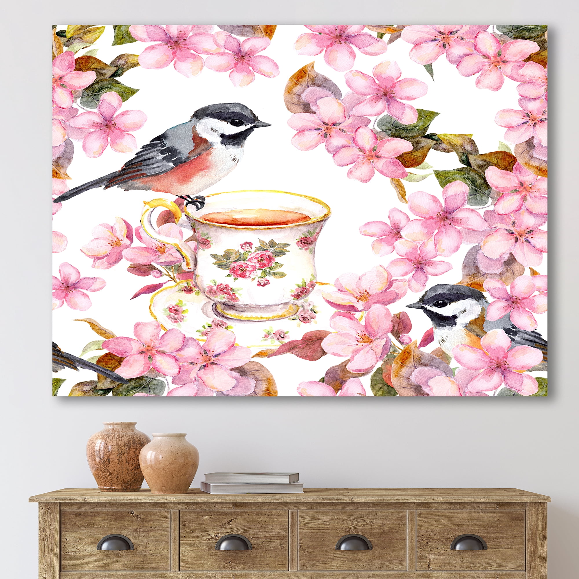 Designart ' Tea Cup Birds and Pink Flowers ' Traditional Canvas Wall Art Print