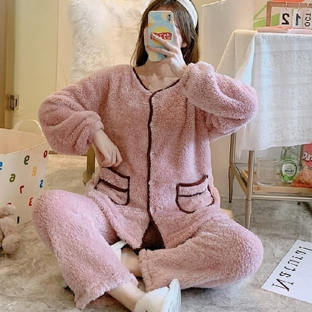 

DanceeMangoo Autumn Winter New Warm Flannel Womens Solid Color Pajama Sets Thick Girls Sleepwear Coral Fleece Sleep Lounge Pajamas Clothing