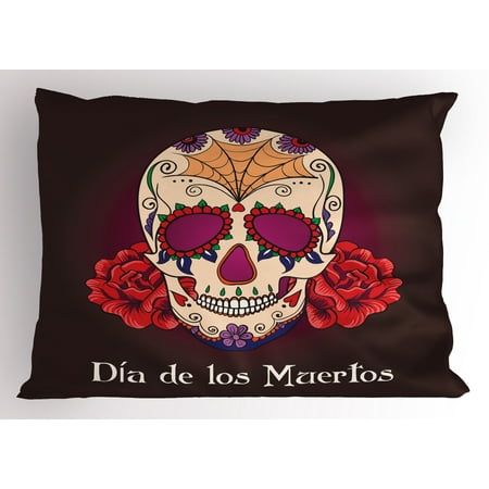 De Los Plum - Day Of The Dead Pillow Sham Dia de Los Muertos Quote Spanish Skull Dead Head Skeleton Vivid Print, Decorative Standard Size Printed Pillowcase, 26 X 20 Inches, Plum Red Cream, by Ambesonne