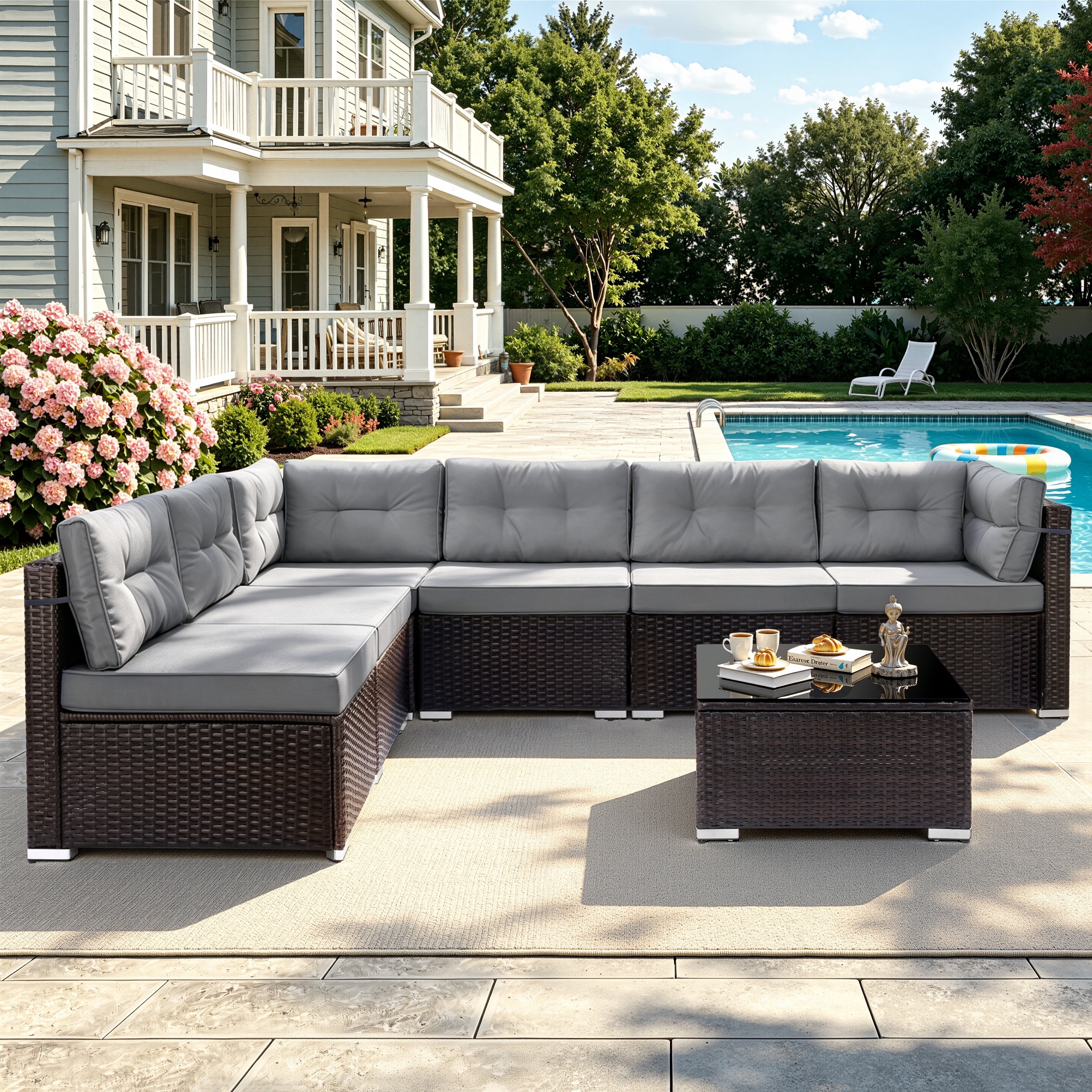 Patio Outdoor Furniture Sets, 7 Pieces All-Weather Rattan Sectional Sofa with Tea Table & Cushions, PE Rattan Wicker Sofa Couch Conversation Set for Garden Backyard Poolside