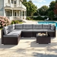 thumbnail image 3 of Patio Outdoor Furniture Sets, 7 Pieces All-Weather Rattan Sectional Sofa with Tea Table & Cushions, PE Rattan Wicker Sofa Couch Conversation Set for Garden Backyard Poolside, 3 of 10