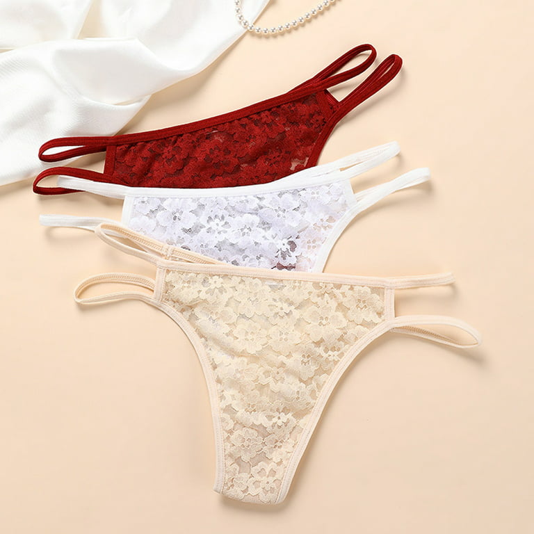 Qcmgmg Cute Panties for Teen Girls Low Rise Stretch See Through Womens  Thongs G String Soft Lace Sexy Strappy Plus Size Underwear Wine Red M