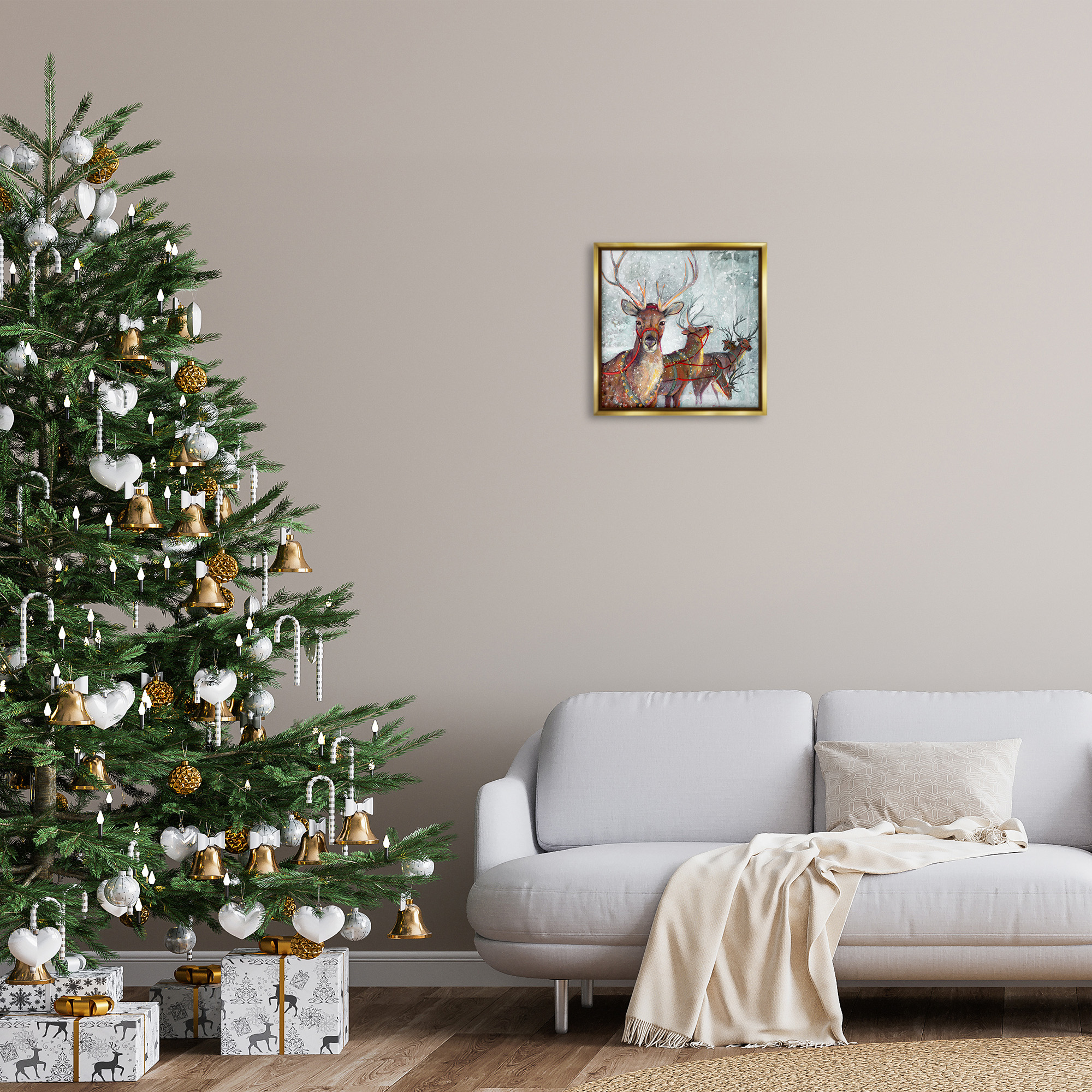 Stupell Industries Winter Reindeer Holiday Landscape Holiday Painting Gold Floater Framed Canvas Art Print Wall Art, 18 x 18