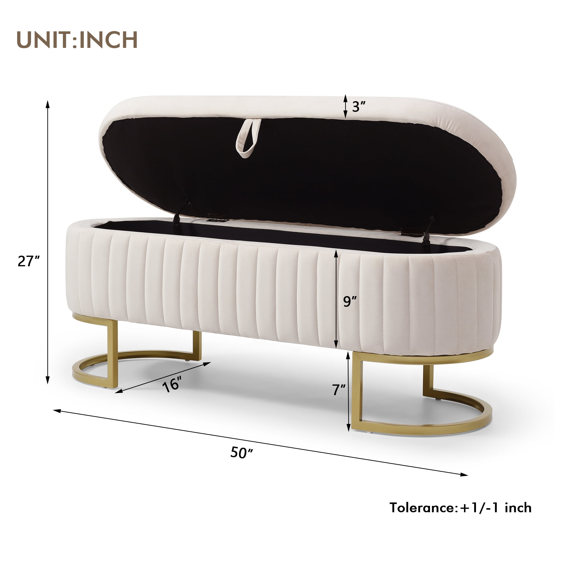 Miniyam Storage Bench Bedroom Bench, Velvet Oval Upholstered End of Bed Bench with Golden Metal Legs,Modern Storage Ottoman Bench,Beige