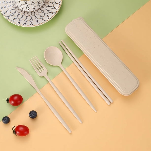 Xiao Hua Cubiertos de viaje reutilizables con estuche, 2 juegos de cubiertos portátiles para camping, uso diario o al aire libre, beige