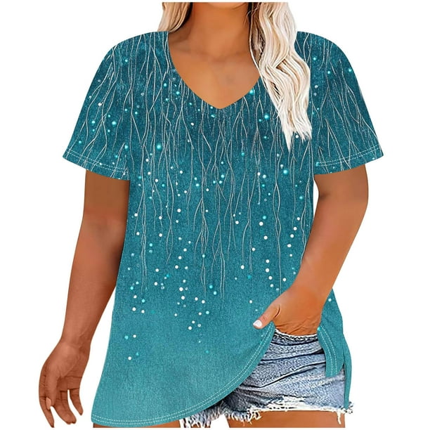 Camiseta de Base de Impresión de Manga Corta con Cuello en V para las Mujeres, Más Tamaño Estante de Imitación Casual Superior