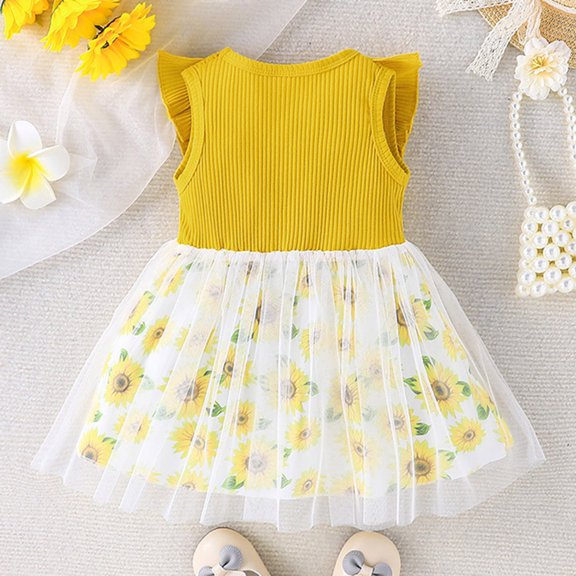 Vedolay Young Girls Dresses Girls Tulle Dress Floral Summer Wedding Birthday Easter Casual Toddler Tea Party Dress,Yellow 6-12 Months