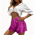 thumbnail image 4 of cocolona Womens Summer Casual Satin Beach Shorts Solid Color Elastic Waist Bow Wide Leg Vacation Lounge Shorts with Pockets, 4 of 5