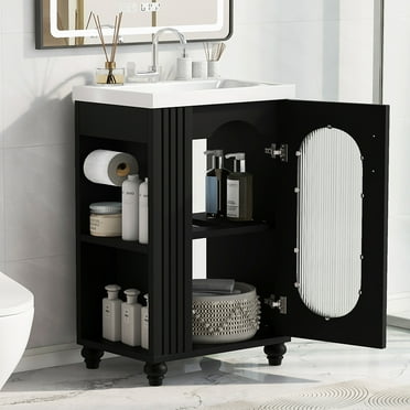 MIDOQIN 20" Small Bathroom Vanity with Sink, Solid Wood Narrow Bathroom Storage Cabinet Cabinet with Toilet Paper Holder & Open Shelf, Bathroom Vanity with Glass Door