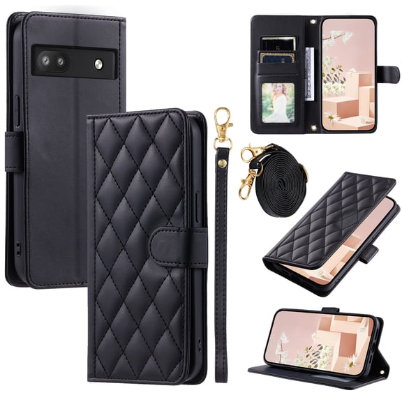 for Google Pixel 6a Wallet Case, Premium PU Leather Magnetic Flip Folio Case with Wrist Strap Credit Card Holder for Women Men Crossbody Strap Case Cover for Google Pixel 6a, Black