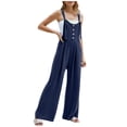 thumbnail image 1 of 2DXuixsh Rompers for Women Women's Solid Color Buttoned Strap Jumpsuit Sleeveless Pantsuit Romper Wide Leg Loose Jumpsuit Rompers Navy Size L, 1 of 8